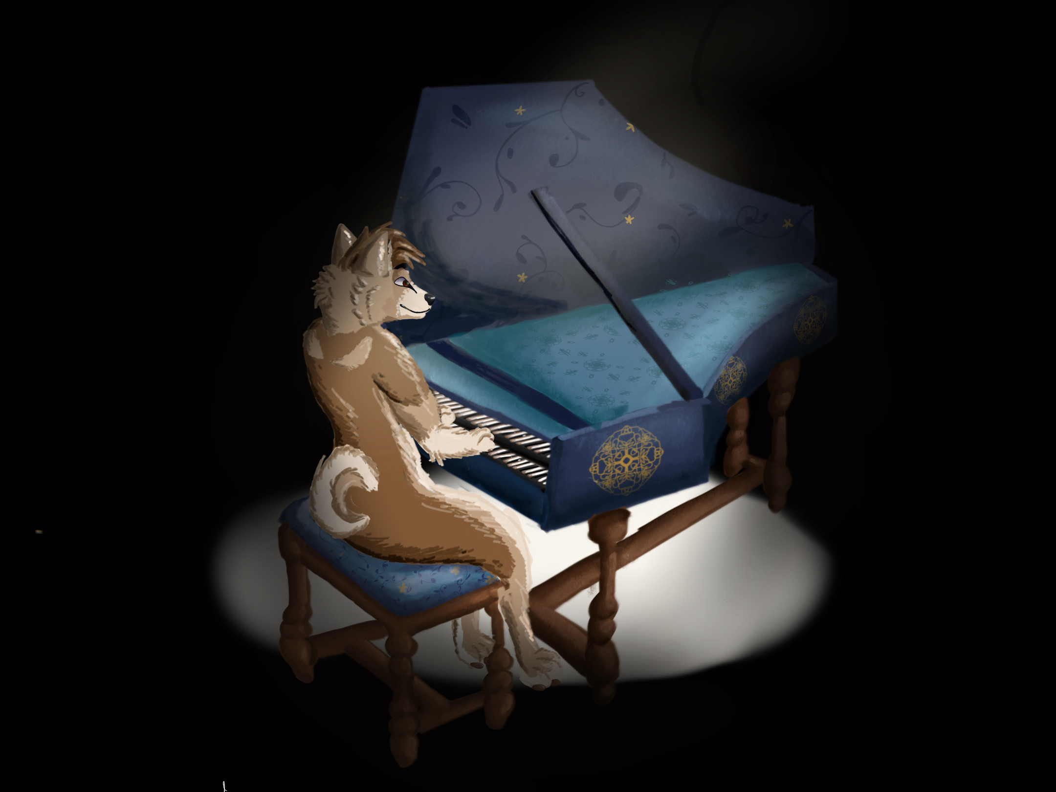 Anthropomorphic Canaan dog playing a flemish harpsichord. 